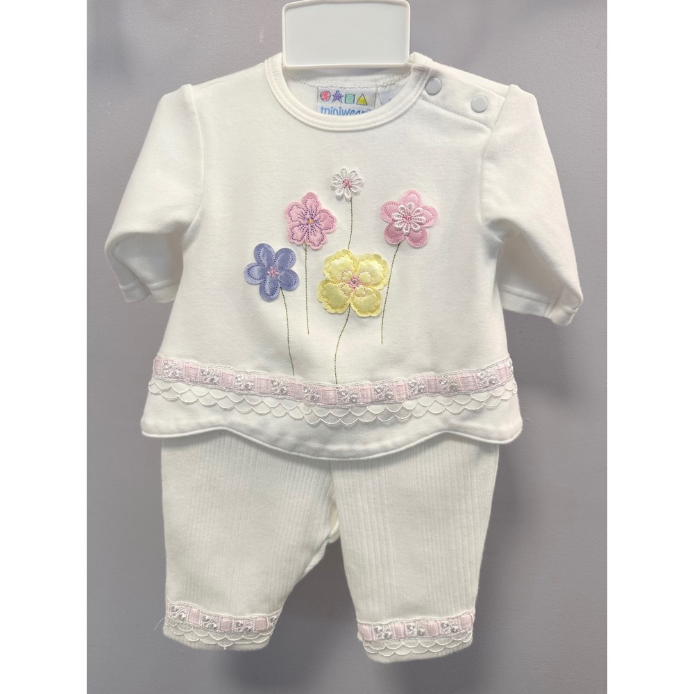 Vintage Miniwear Baby Floral Applique Lace Trim Top and Pants Set 0-3 Months